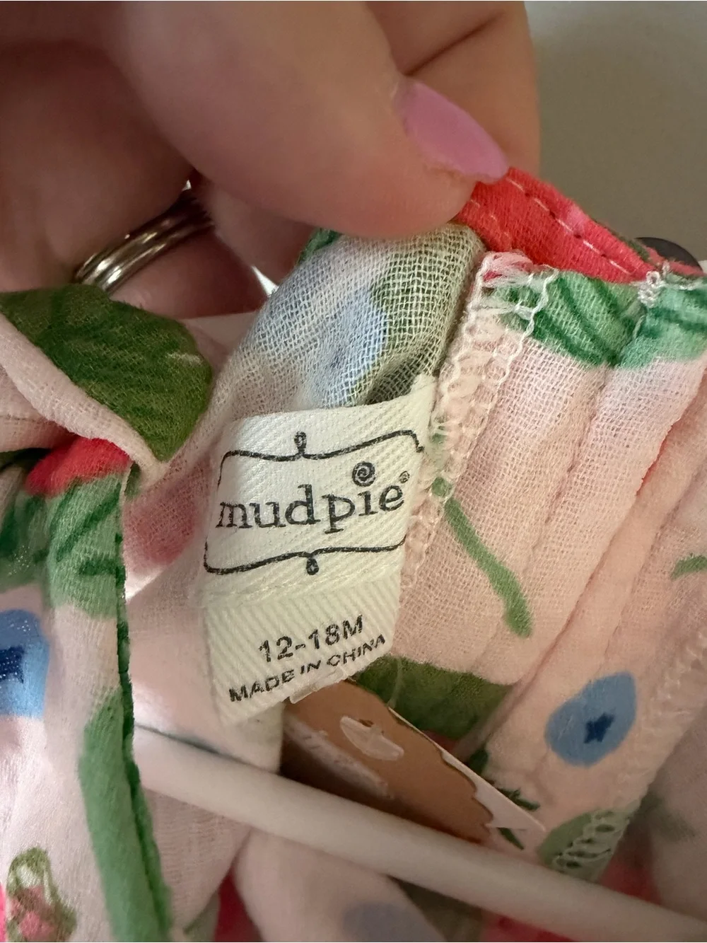 Mud Pie Girls 12-18M Pink Fruit Floral Muslin Cotton Dress Bow NWT Cold Shoulder